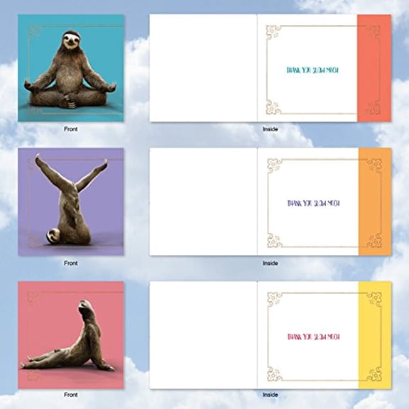 Sloth Yoga - 10 Cute Thank You Greeting Cards with Envelopes (4 x 5.12 Inch) - Adorable Exercise and Gratitude Notecard Set AMQ6255TYG-B1x10