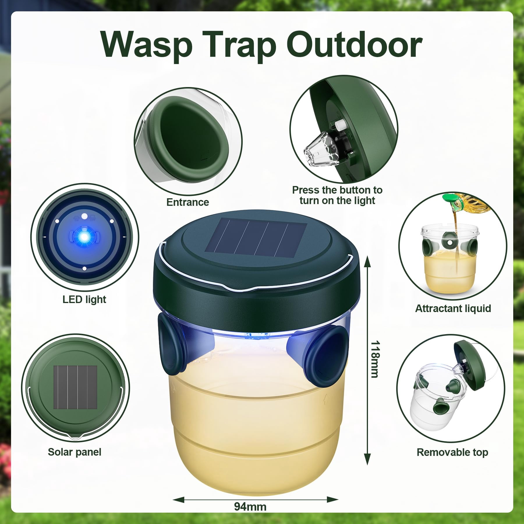 Meottam Solar Powered Wasp Traps Outdoor Hanging, New Upgrade Wasp Trap Bee Insect Killer with LED Light, Hornet Trap for Outside Garden, Patio, Backyard, Camping, 2 Packs