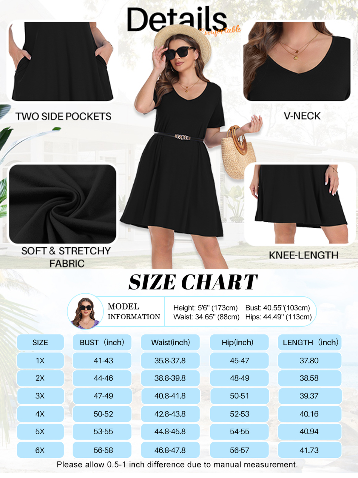 Plus Size Black Dresses 4X for Women, VEPKUL V Neck T Shirt Dress 2024 Short Sleeve Casual Loose Swing Summer Dress with Pockets - image 4 of 9