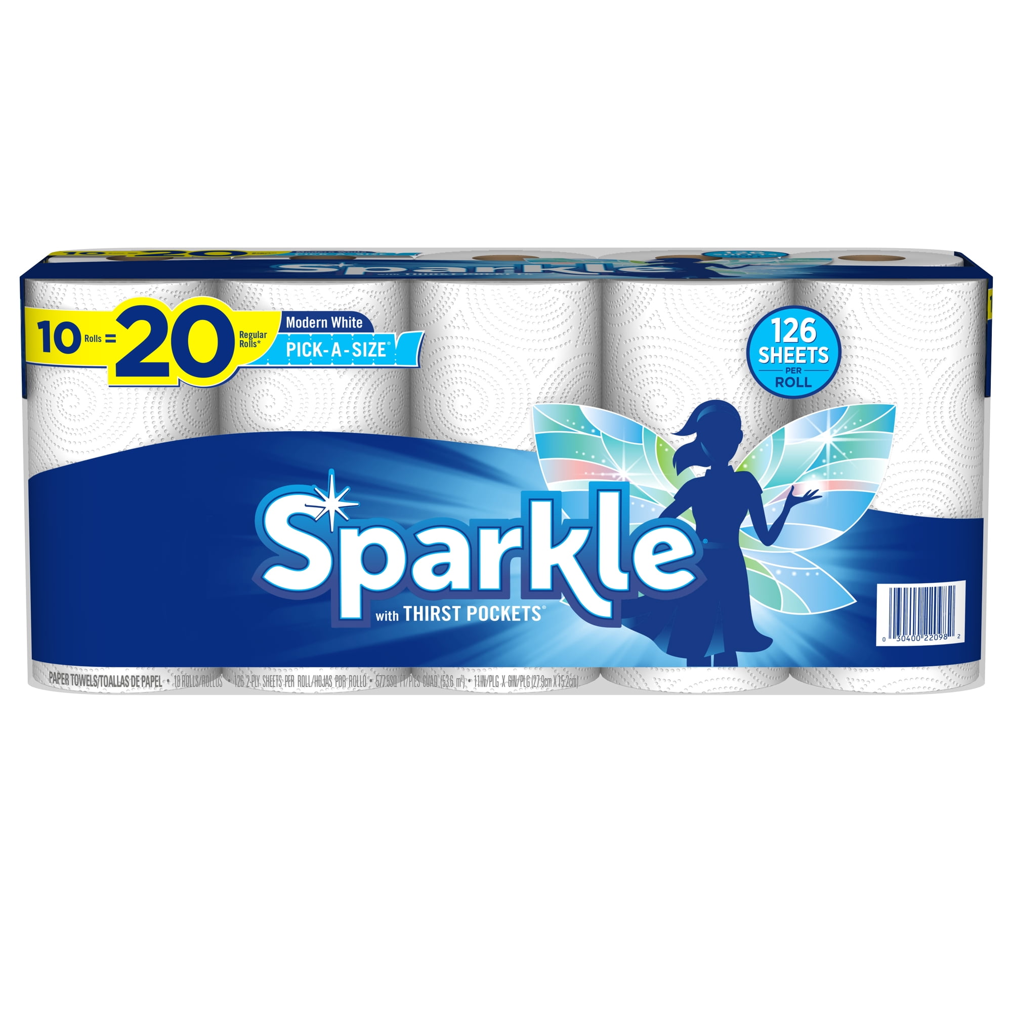 Sparkle Pick-A-Size Paper Towels, White, 10 Double Rolls = 20 Regular Rolls, 126 2-Ply Sheets Per Roll
