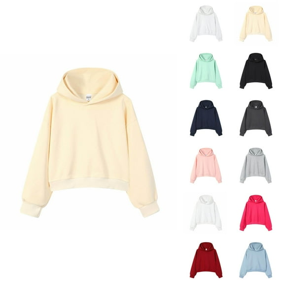 Cropped Pullover Hoodies for Women Fall Winter Long Sleeve Drop Shoulder Plain Hooded Sweatshirt Crop Tops