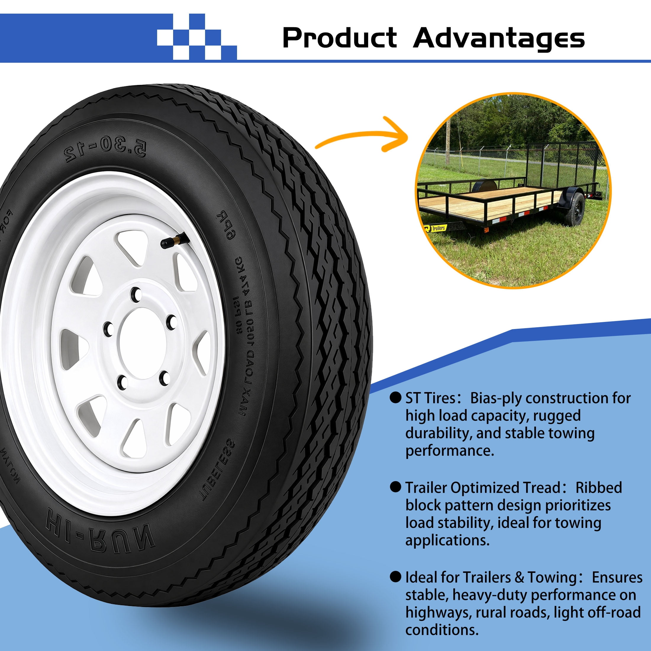 Hi-Run 2 Set SU02 5.30-12 6PR Boat Trailer Tire and 5-Lug White 8 Spoke Wheel Assembly