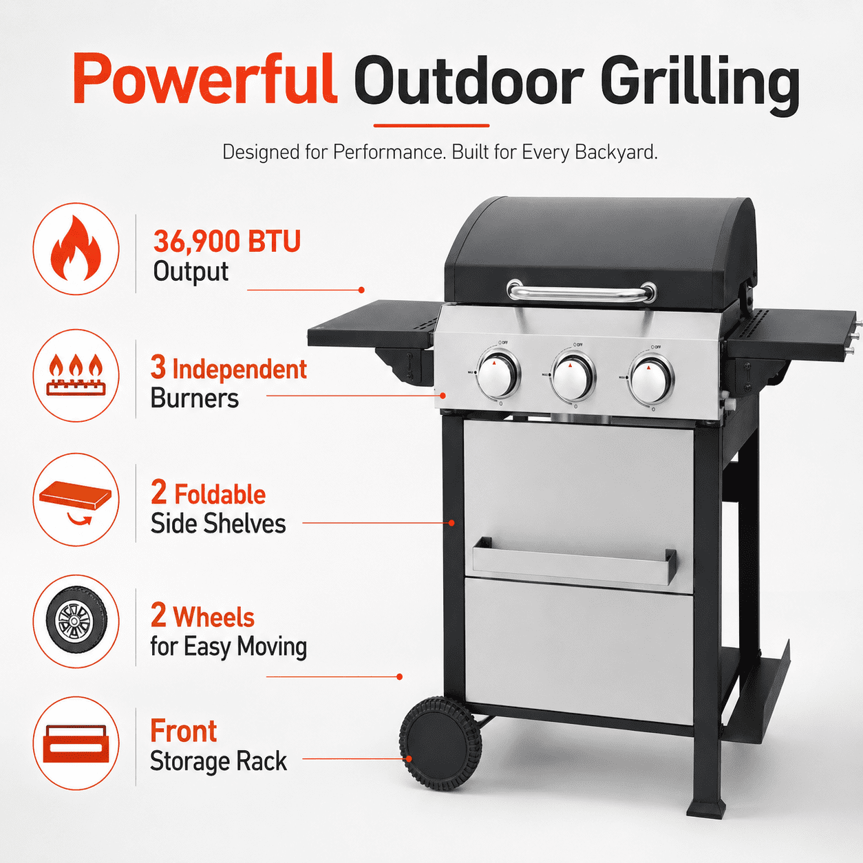 Enyopro 3 Burner Propane Gas Grill, Stainless Steel 36900BTU Barbecue Grill with Two Foldable Shelves, Cleaning Brush, 2 Wheels for Outdoor Cooking, for Patio Backyard and Camping