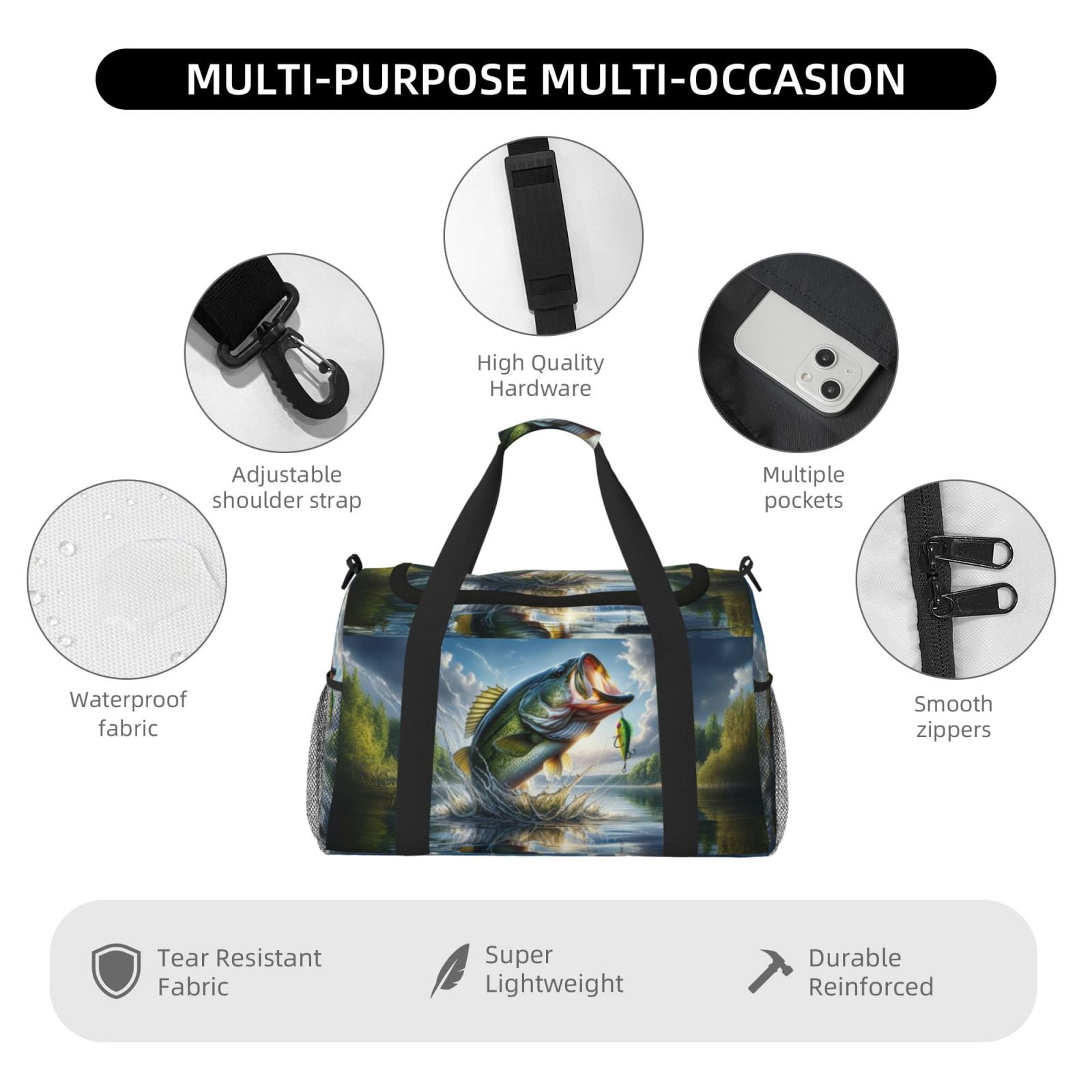 Defioc Largemouth Bass Jumping Out of The Water Print Hand Travel Bag - Foldable Travel Duffel Bags for Men Women -Sport Gym Bag - Overnight Travel Duffel Bag - Adjustable Shoulder Strap