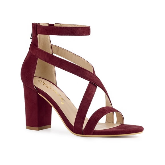 BLISSFUL STEP Women Crisscross Ankle Strap Block Heel Sandals Burgundy 6