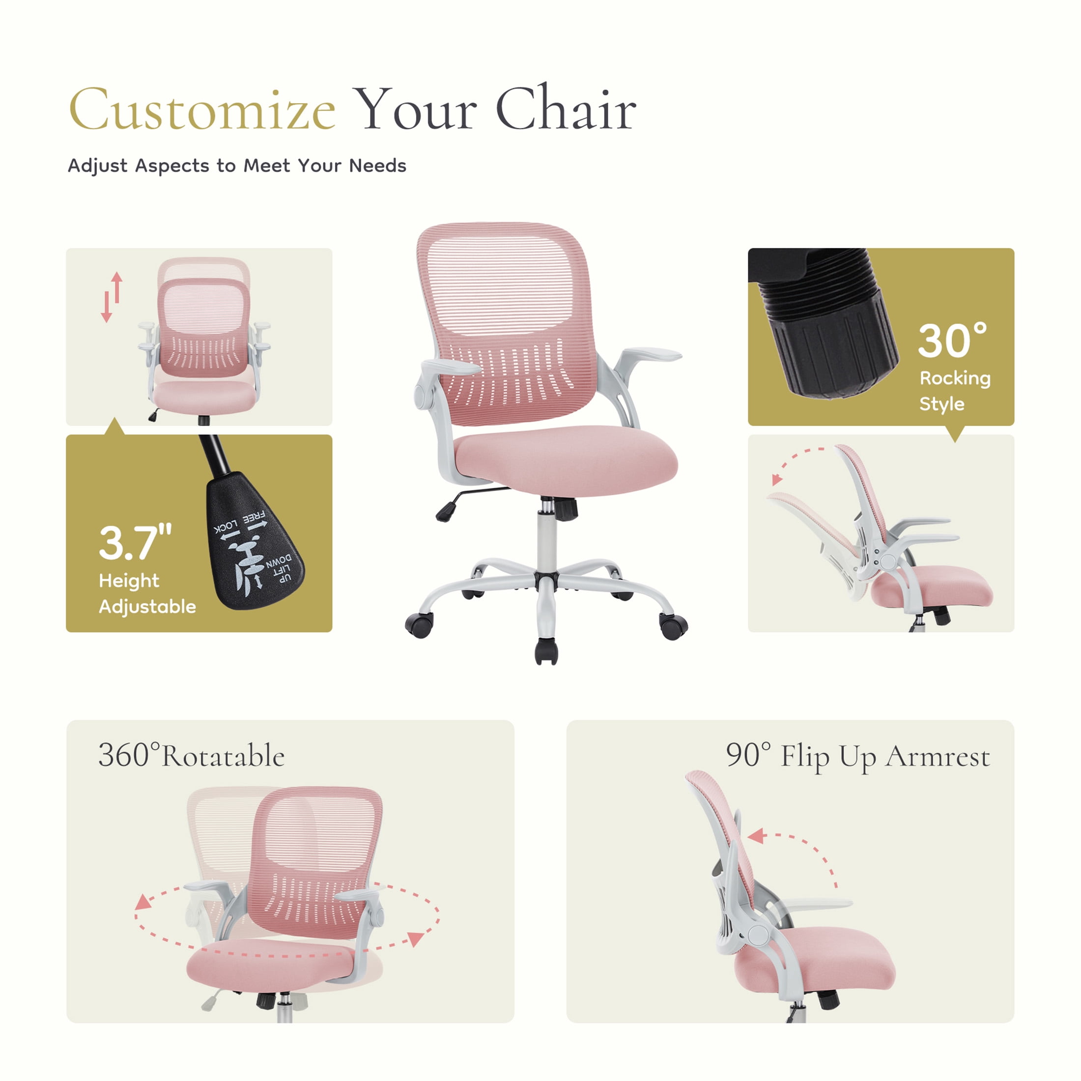 CONCETTA Ergonomic Mesh Office Desk Chair, Adjustable and Flip-up Armrest for Adults, Pink