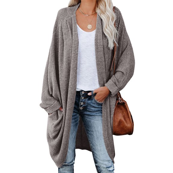Dellytop Womens Open Front Knit Cardigan Long Batwing Sleeve Sweater Coat