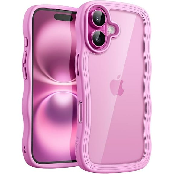 xixishop Wavy Case for iPhone 16 Plus 6.7-Inch, Cute Wave Frame Curly Shape Shockproof Phone Cover for Women and Girls, Clear Hard PC Back (Pink)