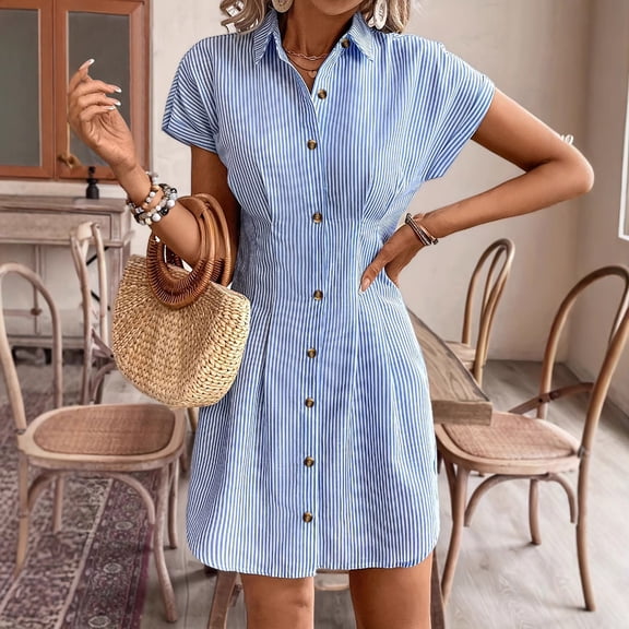 Frnrwgo Women Summer Dresses Lounge Button Down Waisted Short Sleeve Striped Casual Beach Midi Dress