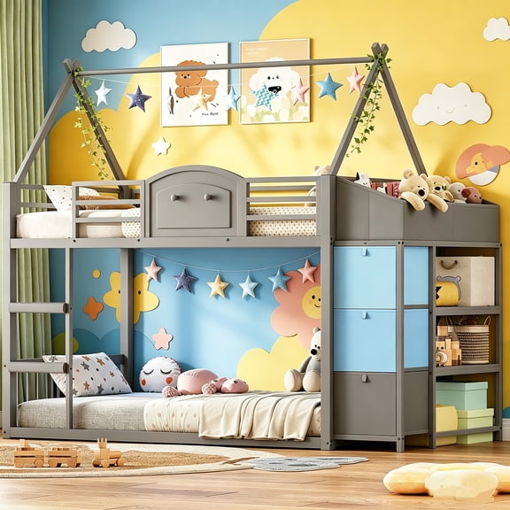 Twin Over Twin Bunk Bed with 3 Storage Drawers and Shelves, House Shaped Loft Bed with LED Lights