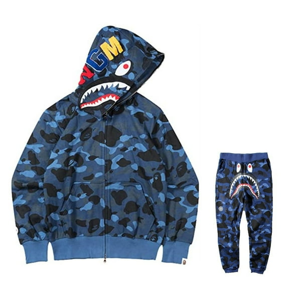 Full Zip Shark Hoodie Sport Jacket Jacket Two Piece Set, Fashion Casual Hoodie And Pants Sport Suit-Jinjin