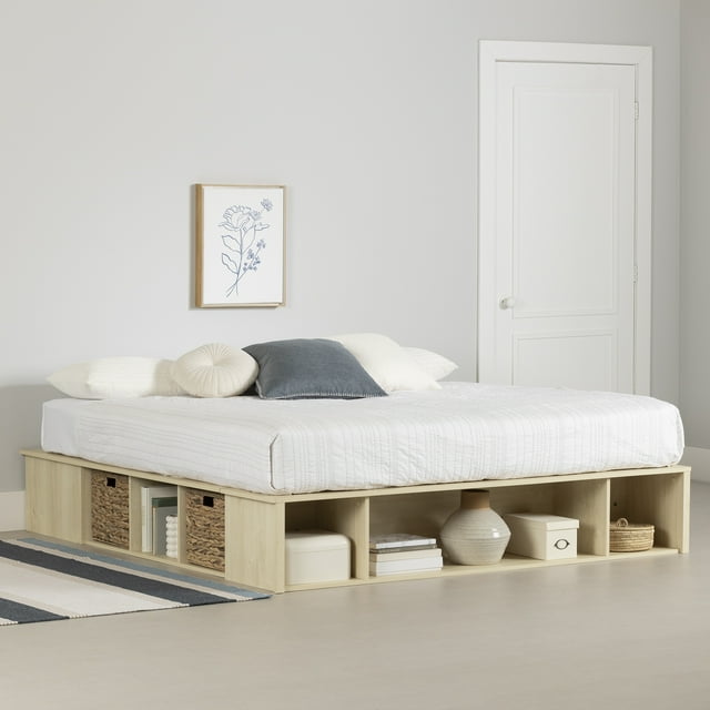Lit avec paniers de rangement en osier inclus King, fini Chêne blanchi, collection Avilla de Meubles South Shore