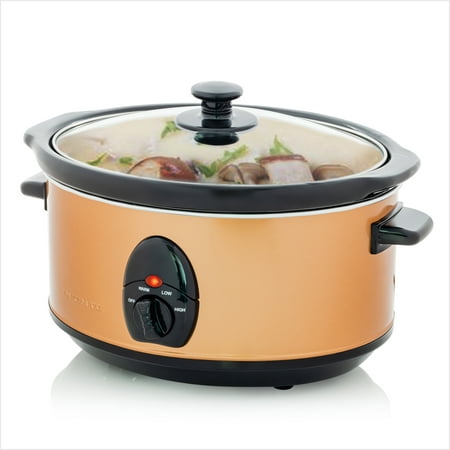 Ovente Portable 3.7 Quart Temperature Controlled Removable Stoneware Slow Cooker 3 Cooking Setting, Tempered Glass, Stew, Rice, Noodle, Copper SLO35ACO