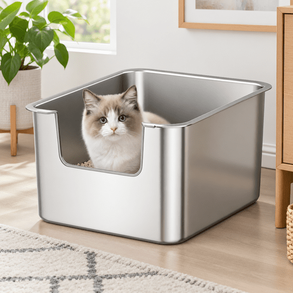 Sliver 15.6"L×11.8"W×7.9"H Stainless Steel Cat Litter Box for Kittens and Small Cats