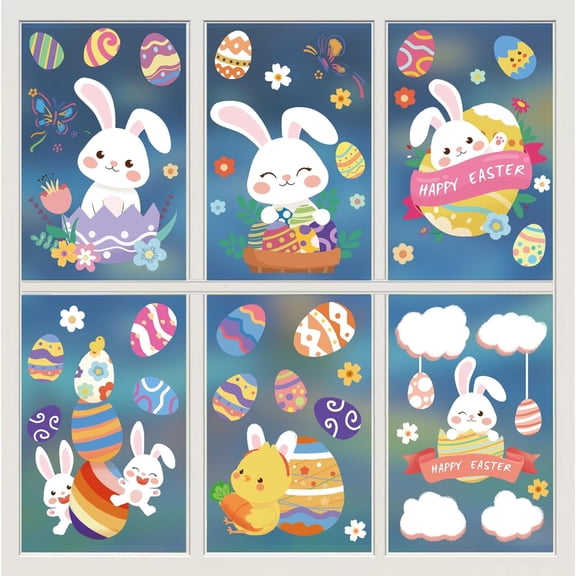 9 Sheets 93 Pcs Easter Bunny Window Stickers, Easter Eggs Window Decals Decorations, Home Office Shop School Classroom Clings