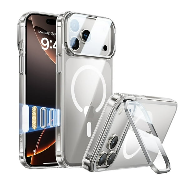 Magic John Cell Phone Case for iPhone 17 Pro Max with Kick Stand Handheld Selfie Magsafe Wireless Charging Camera Lens Protector Transparent