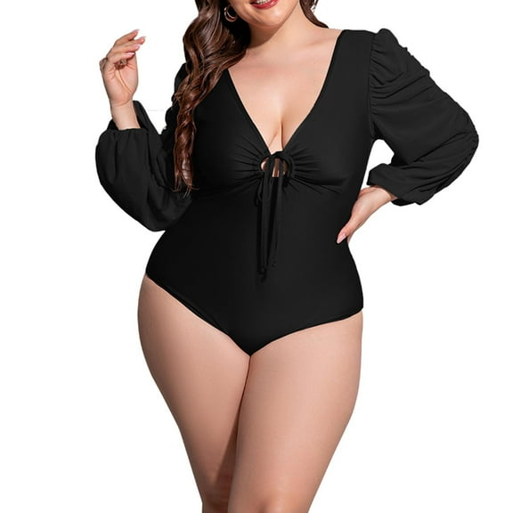 REORIAFEE Womens Bathing Suits One Piece Beach Vacation Tankini Long Sleeve Loose Oversized High Bikini Set One Piece Swimsuit Black XXL