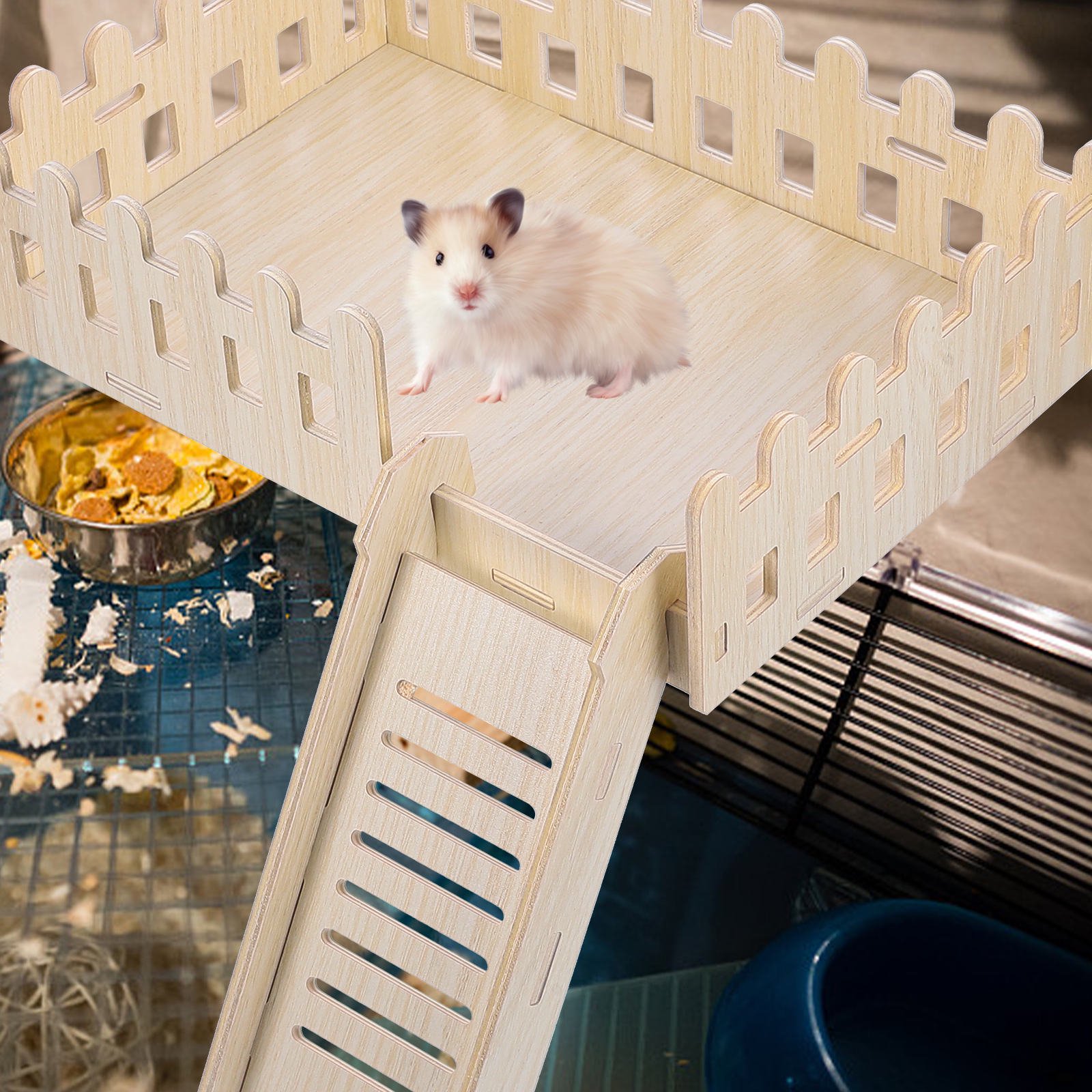 CATIEBYE Wood Hamster Climbing Platform with Ladder Beige Cage Supply for Physical and Mental Activity