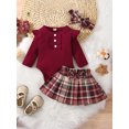 thumbnail image 3 of 3Pcs Baby Girls Outfit 3M 6M 9M 12M 18M Autumn Clothing Ribbed Long Sleeve Romper + Plaid Pleated Skirt + Headband Set, 3 of 10