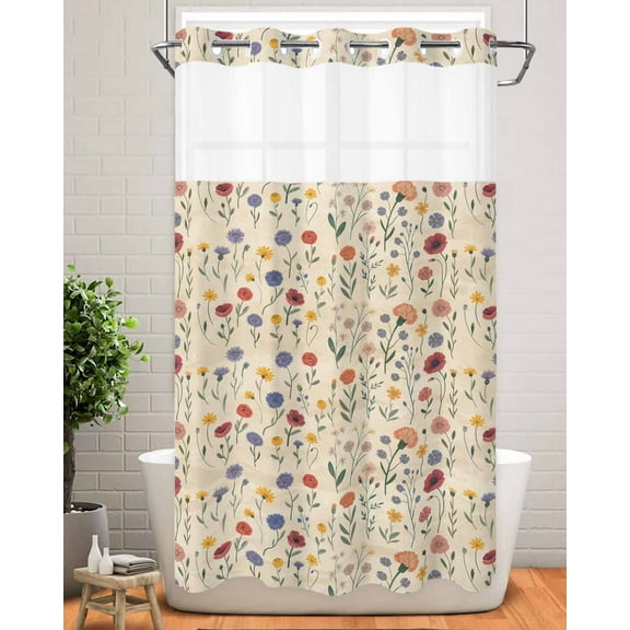 No Hook Shower Curtain with Snap in Liner,Vintage Country Wildflower Floral Waterproof Bath Curtain Double Layers with See Through Top Window,Retro Beige Hotel Shower Curtains 36x72in