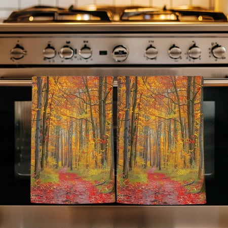 Red Orange Forest Fall Kitchen Towels Set of 3 Thanksgiving Tree Maple Leaf Absorbent Dish Towels for Kitchen Microfiber Hand Towel Quick Drying Tea Towel for Cleaning Decorative Dishcloths