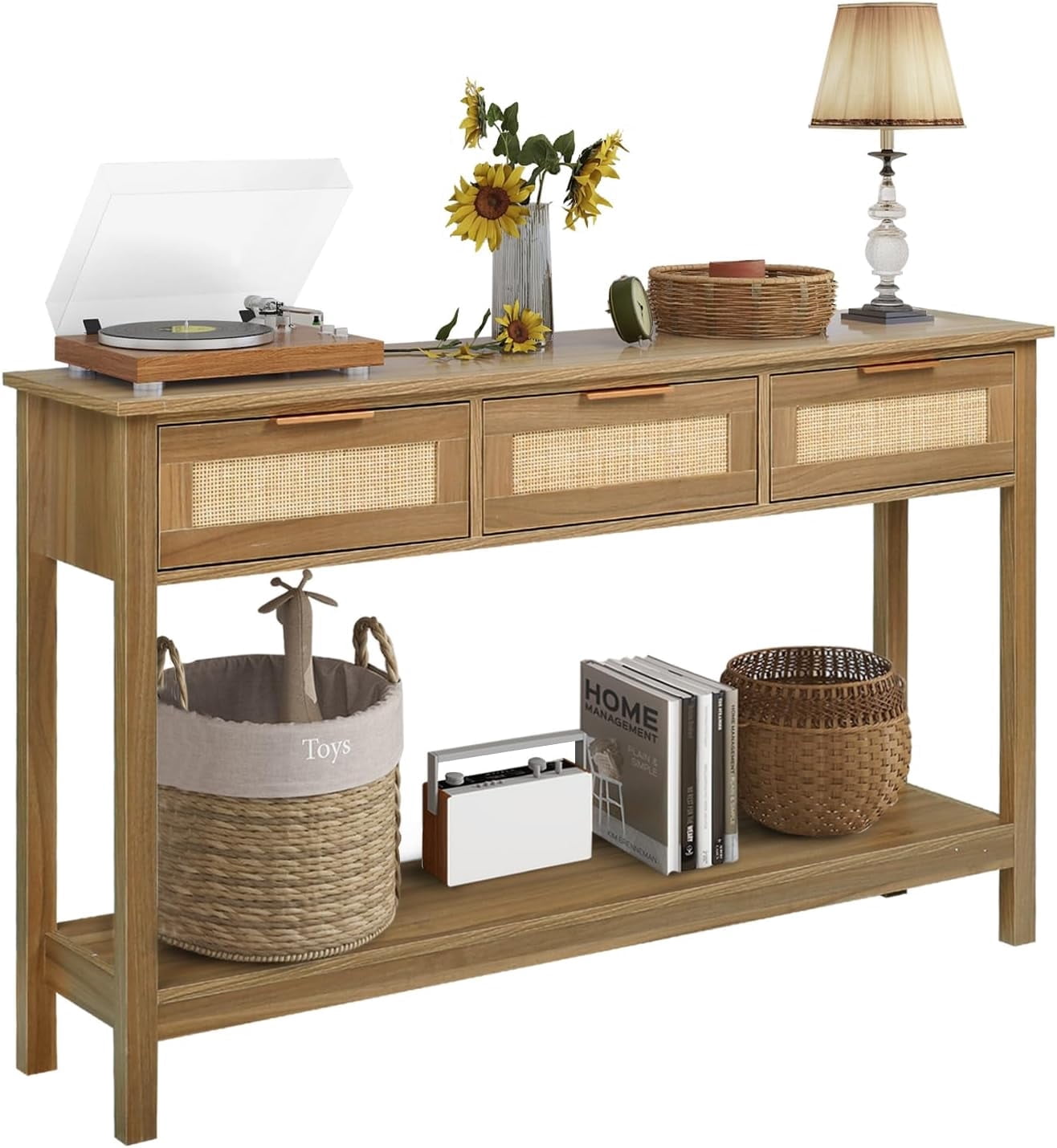 LAZZO 51” Boho Rattan Console Table, Narrow Entryway Table with 3 Drawers & Open Shelf, Brown