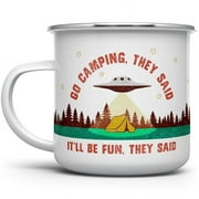 Loftipop Funny UFO Alien Extraterrestrial Paranormal Enamel Campfire Mug, Outdoor Camping Coffee Cup, Stars Space Nature Hiking Camp Lover Gift (12oz)