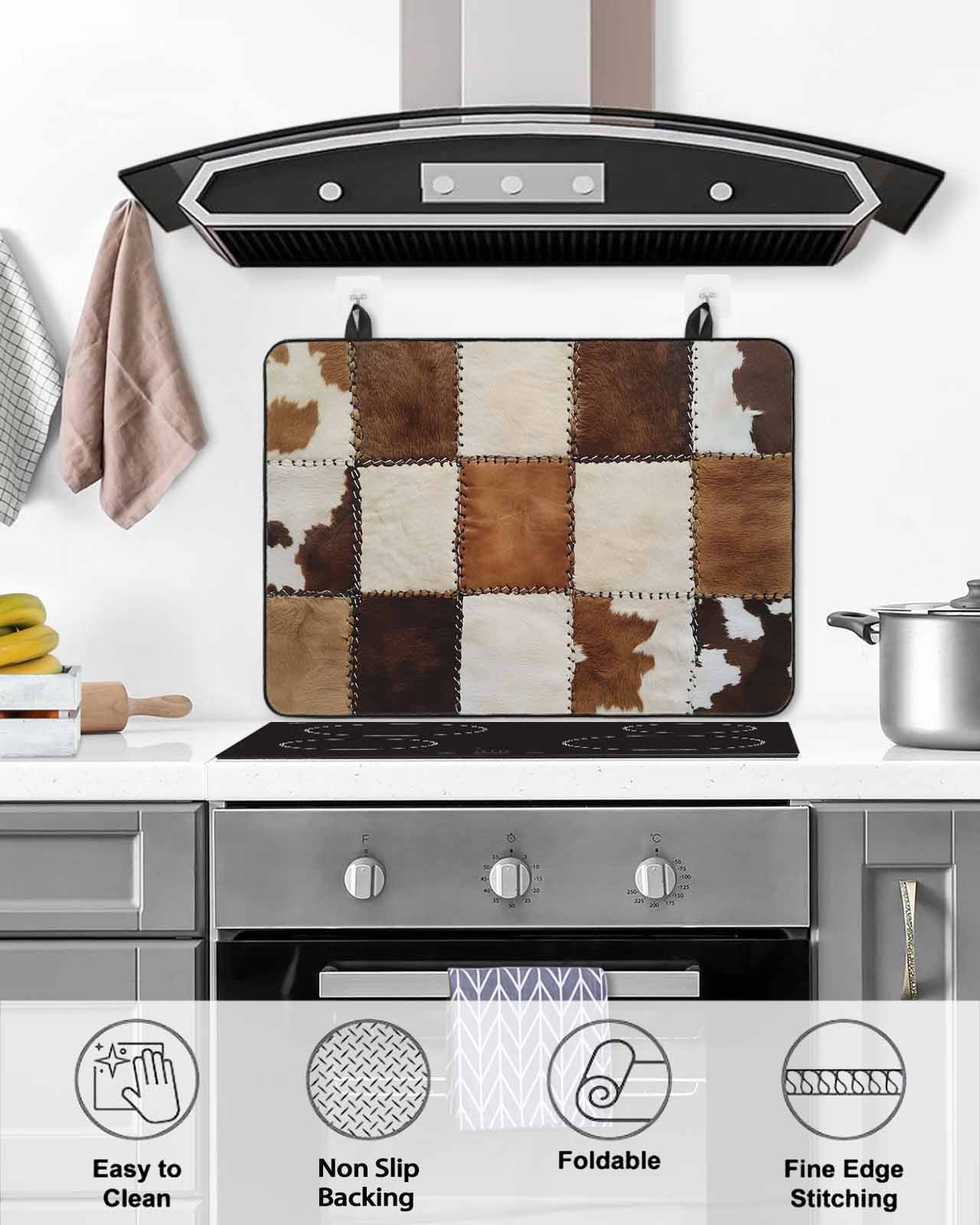 nqOlkjepod Large Induction Cooktop Protector Mat 24"x21", Abstract Cowhides Stove Top Covers for Electric Stove, Brown Beige Animal Fur Texture Stove Burner Cover Mats, Glass Top Stove Cover