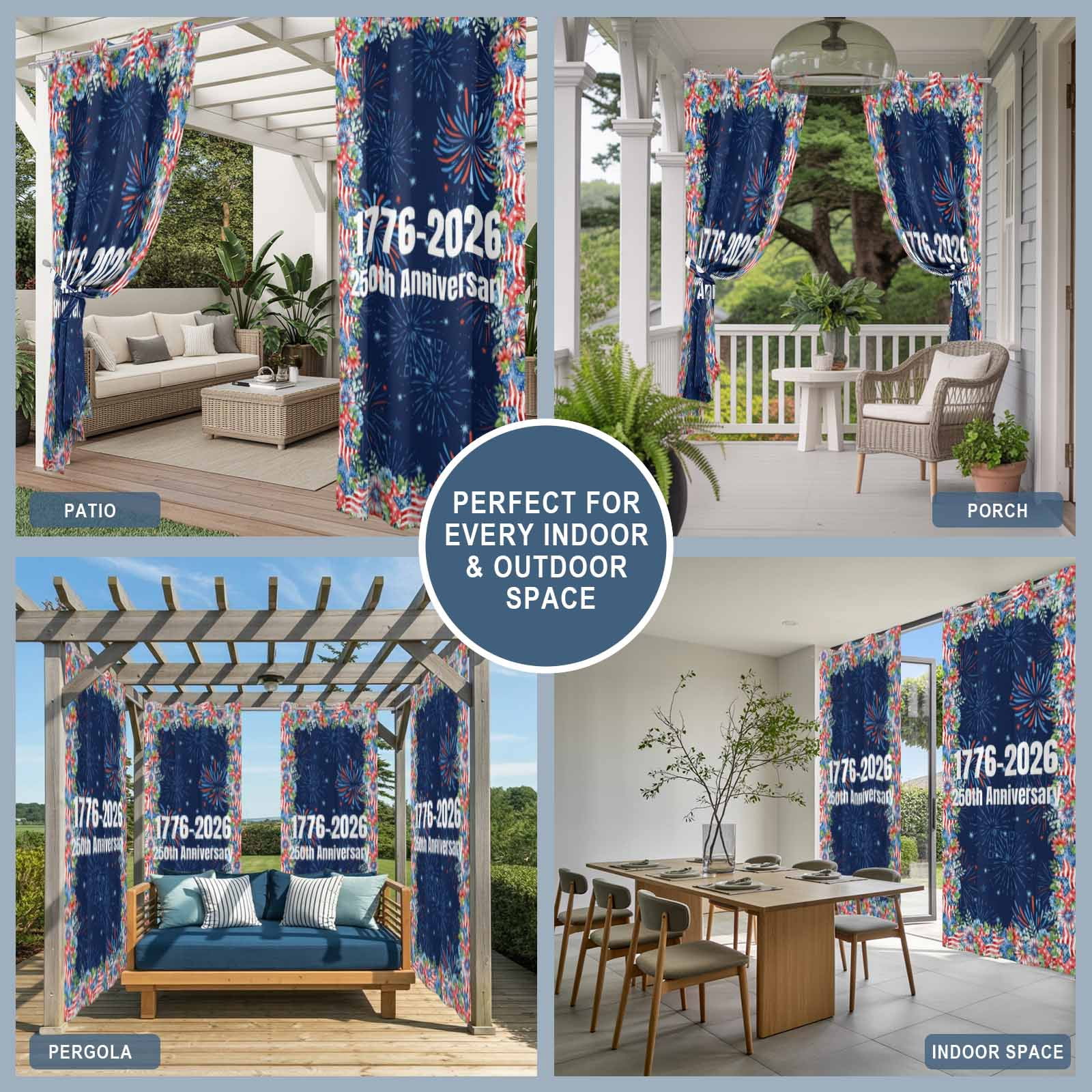 Independence Day Outdoor Curtains for Patio, 250th Anniversary Blue Red Sparklers Flowers Sunshade Privacy Drapes Grommet Waterproof Outside Curtains for Porch/Cabana/Balcony 54"x 108", 1 Panel