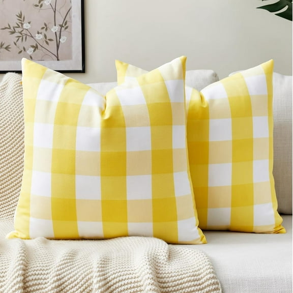 Yellow and White Summer Outdoor Buffalo Plaid Pillow Covers 18x18 Set of 2, Yellow Outdoor Decorative Patio Throw Pillows 18 x 18, Buffalo Check Pillow Covers for Patio Furniture (No Pillow Inserts)