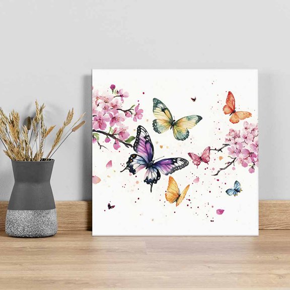 Floral Butterfly Wall Art Painting on Canvas, Simple Spring Botanical Colorful Floral Canvas Art Home Prints Wall Art Framed Modern Artwork for Living Room Bedroom Wall Decor 8x8in
