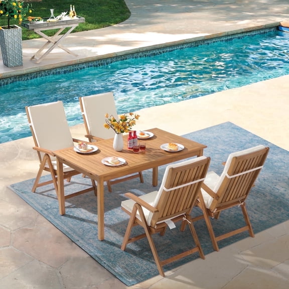 5 Piece Patio Dining Set, Outdoor Acacia Wood Furniture Set, Extendable Rectangular Table and 4 Foldable Reclining Chairs /Removeable Cushion, FSC Certified, for Deck Garden Backyard