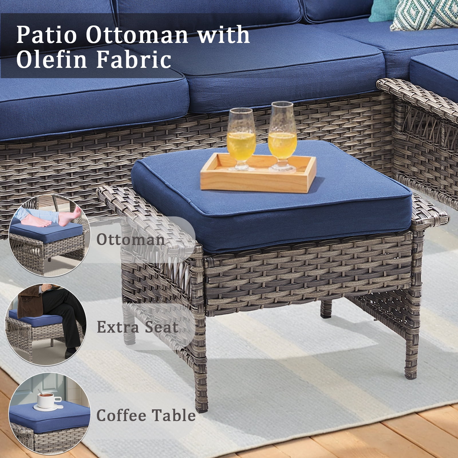 Lumiinofami 6 Piece Patio Sectional Set, Outdoor Conversation Furniture Set with Rocking Swivel Chairs and Side Table, All-Weather Wicker Padded Sofa Sets for Deck Poolside Backyard, Blue Cushions