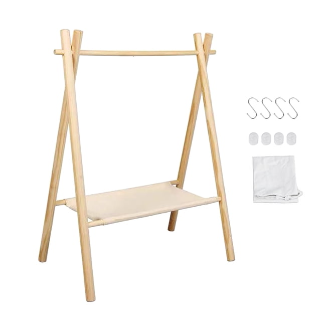 Labymos Outdoor Wood Cookware Hanging Rack Camping Triangular Hanging Rack with Hooks Storage Bag