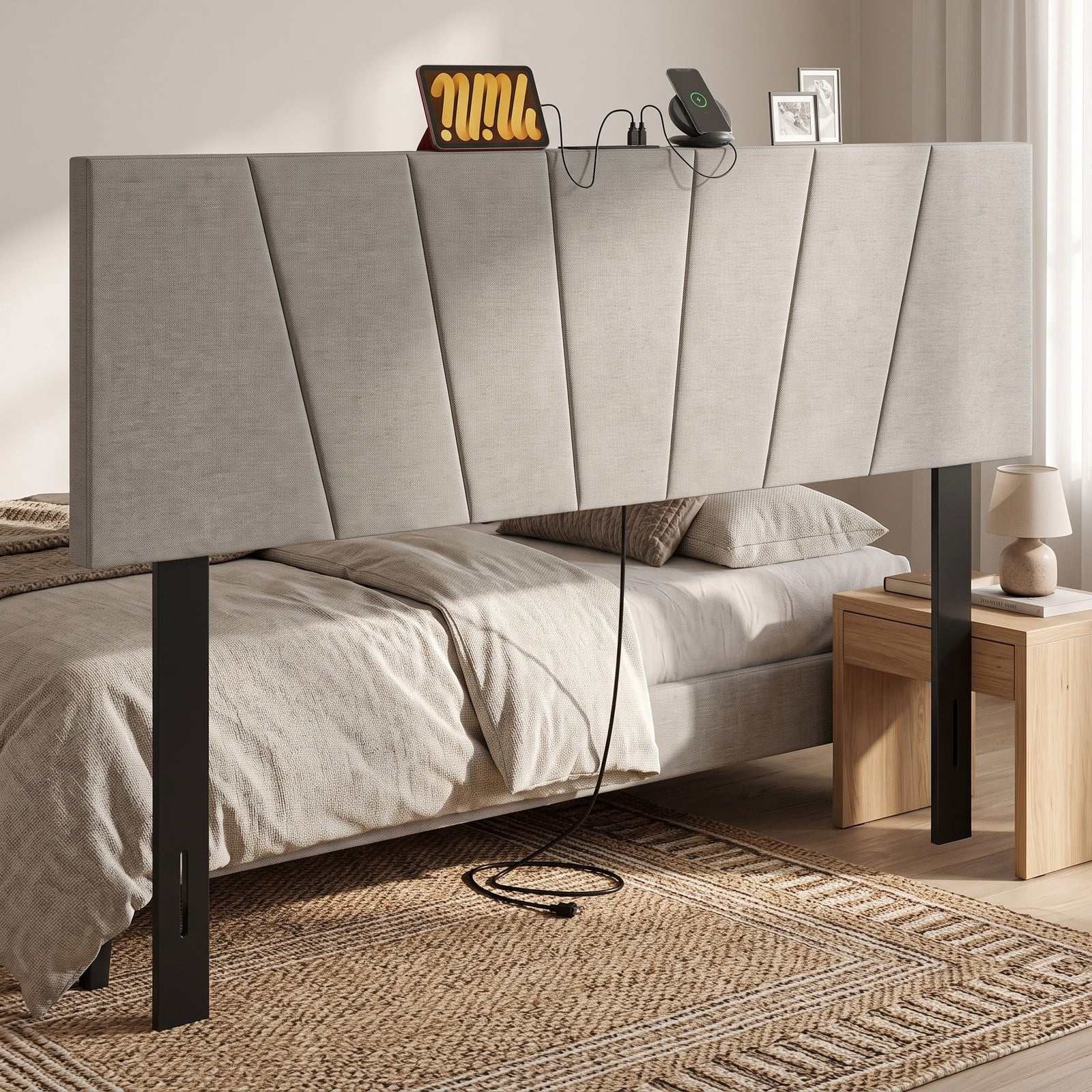 Furnibear Geometric Channel Upholstered Headboard with 2 AC Outlets and USB and Type-C Charging Ports for Full and Queen Size Beds, Gray