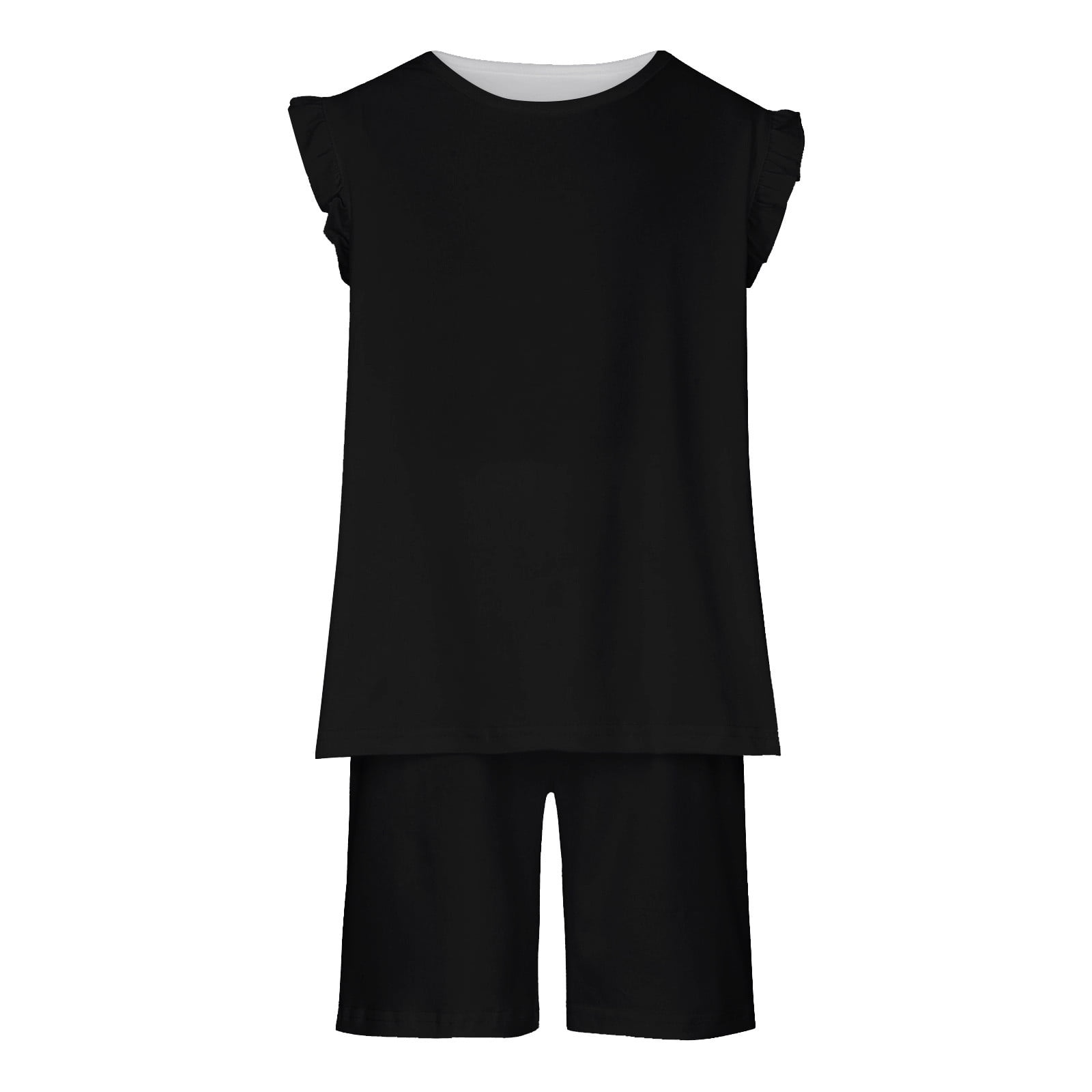 Fesfesfes Girls Summer Outfits Size 10-12 Toddler Baby Girl Comfortable Solid Color Sleeveless Cotton T-shirt Elastic Waist Shorts Set(Z01-Black 8-9 Years)