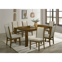 7pc Solid Wood Dining Set - Rectangular Table & 6 Fabric Chairs, Brown Finish, Seats 6, Modern Dining Room Furniture. Handcrafted feel, perfect for family meals.