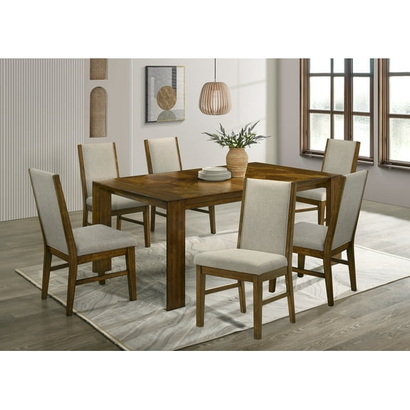 7pc Solid Wood Dining Set - Rectangular Table & 6 Fabric Chairs, Brown Finish, Seats 6, Modern Dining Room Furniture. Handcrafted feel, perfect for family meals.