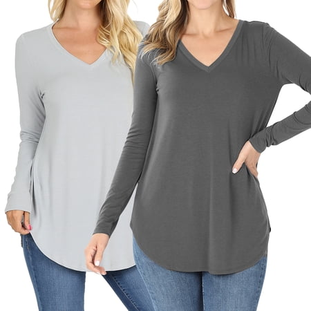 Women & Plus(S-3X) Relaxed Fit Long Sleeve V-Neck Round Hem Jersey Tee Shirt Top (Single & Multi-Packs Available) price history on PriceWatchPro