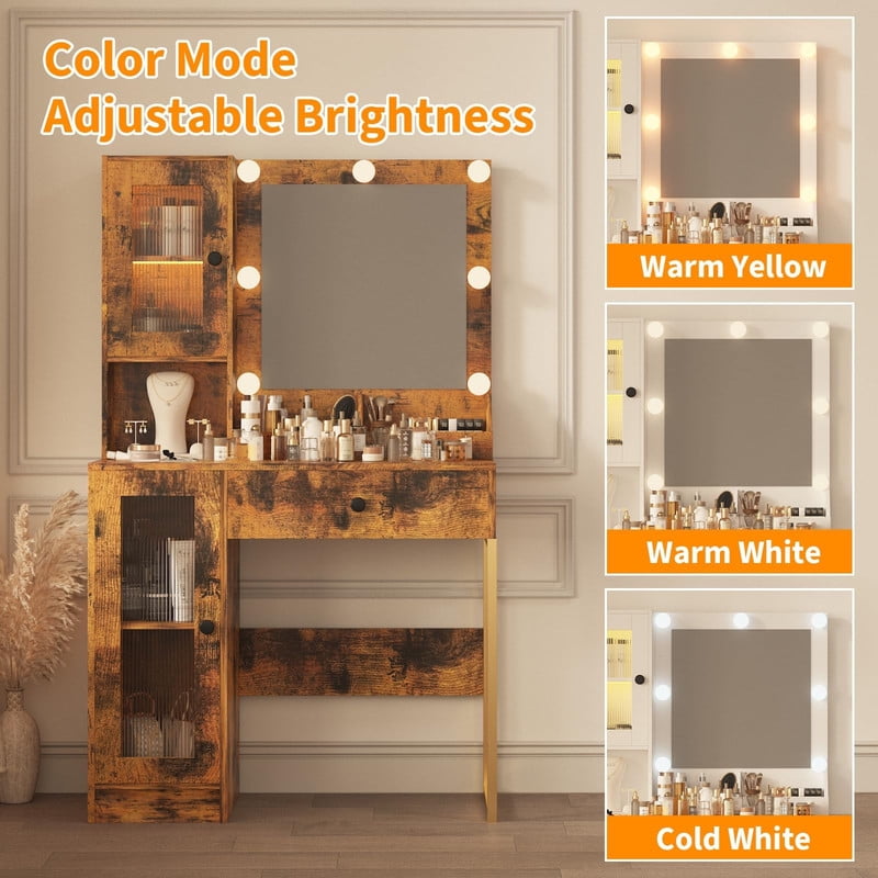 TROPOW Vanity Desk with Mirror and Lights Elegant Makeup Vanity Table with Drawers & Cabinets, Storage, Sturdy MDF Top, Adjustable Brightness Bulbs, Built-in Power Outlet & USB Ports,Brown
