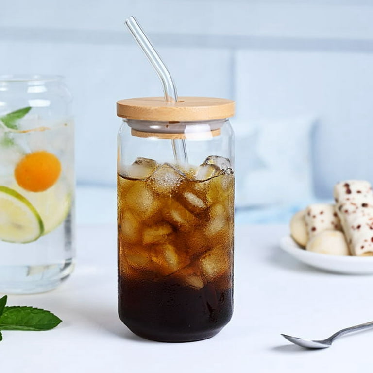 Iced Coffee Glass Cup with Bamboo Lid and Straw | 550ml/470ml Beer Can Glass with Lids and Straw | Camping Cup | Can Shaped Glass Soda Can Cup 