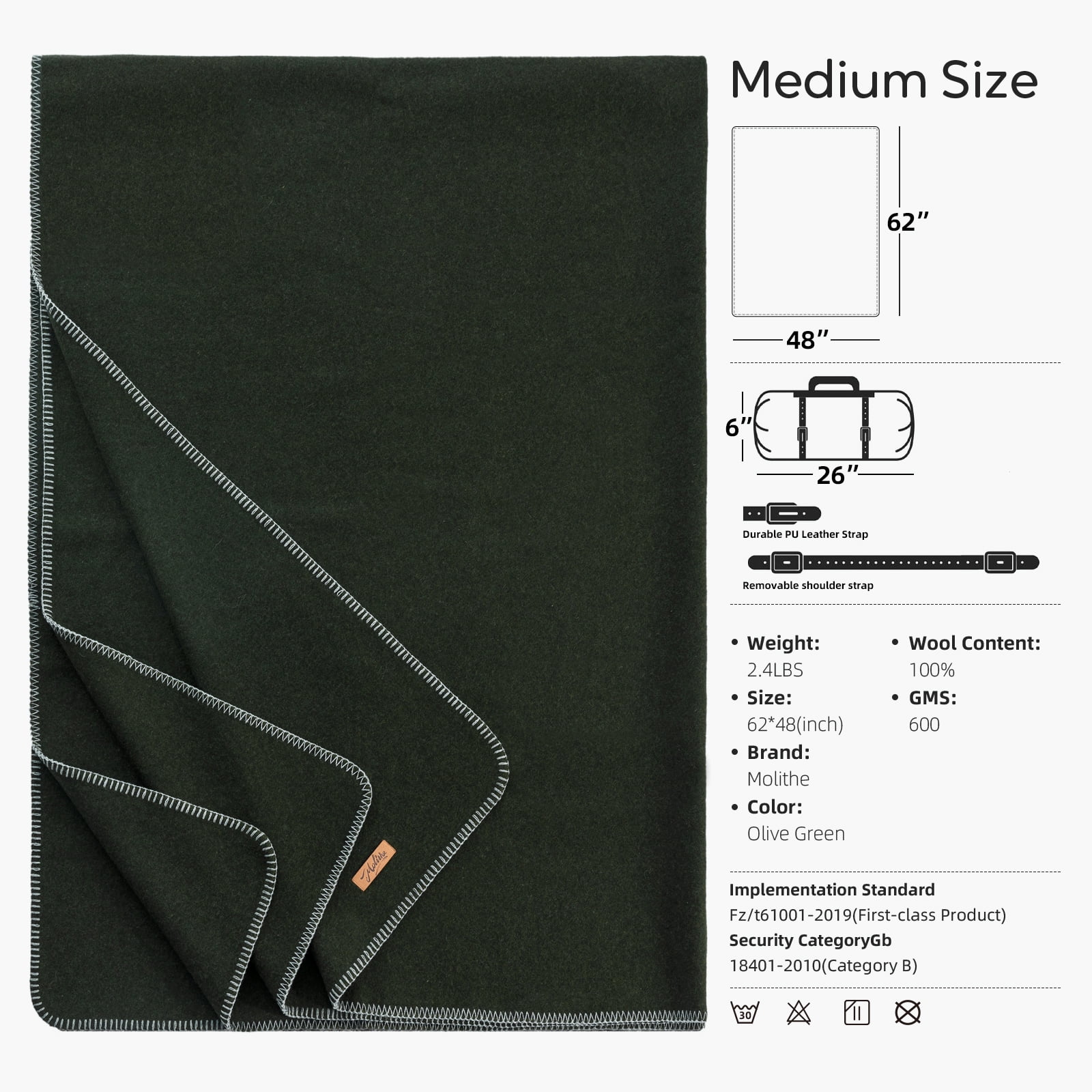 100% Wool Blanket, 62" x 48", Warm, Thick, Washable, Military Wool Blanket, Great for Camping, Outdoors, Sporting Events, Survival Kits
