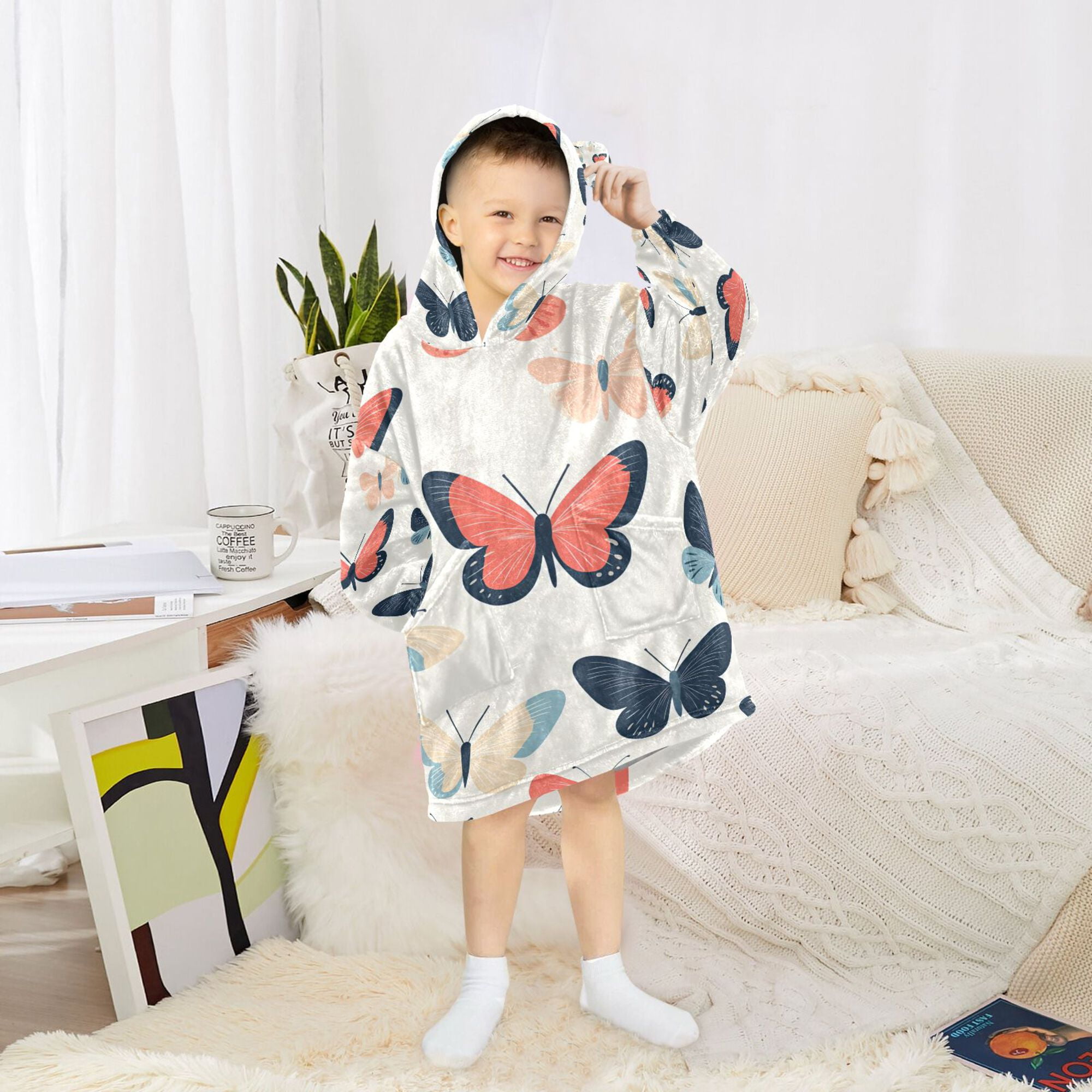 FORMRS Wearable Blanket Hoodie with Sleeves for Kids Cozy Flannel Sweatshirt, Beige Butterflies