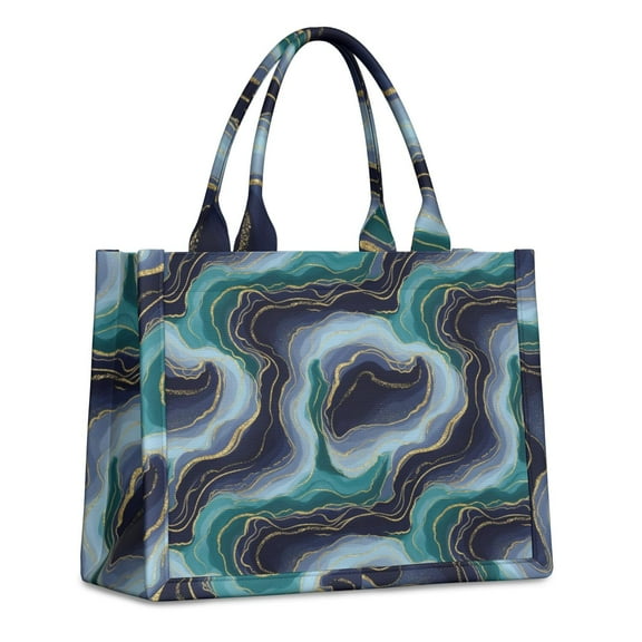 Large Capacity Tote Bag,Blue Green Gold Marble Pattern Handbag Fashion Luxury Tote Bag,15.7"x13"x 5.1" Inches,Laptop Compatible