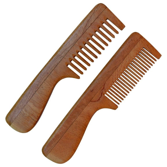 HealthGoodsIn - Set of 2 Pure Neem Wood WIDE and FINE TOOTH Comb with Handle | WIDE AND FINE TOOTH COMB | Comb with Handle | Organic and Natural