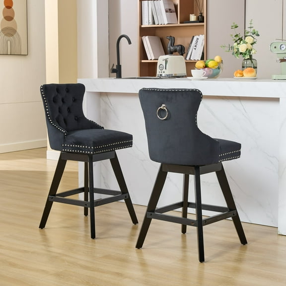 LegaHome Swivel Bar Stools Set of 2, Counter Height Bar Stool with Back and Button Tufted Decoration, Velvet Upholstered Bar Chair with Solid Wood Legs and Chrome Nailhead Trim, Black