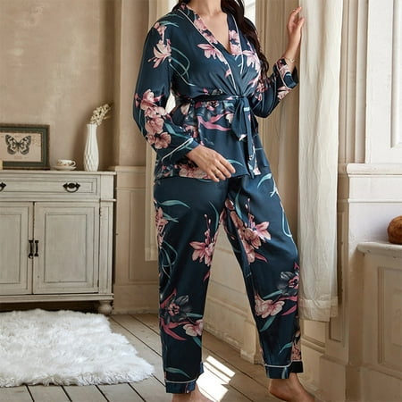 

WHLBF Women s Clearance Plus Size Pajamas Female Floral Print Cardigan Lace-up Nightgown Pajama Pants Casual Loose Home Women s Suit Can Be Worn Outside Army Green 12(XXL)