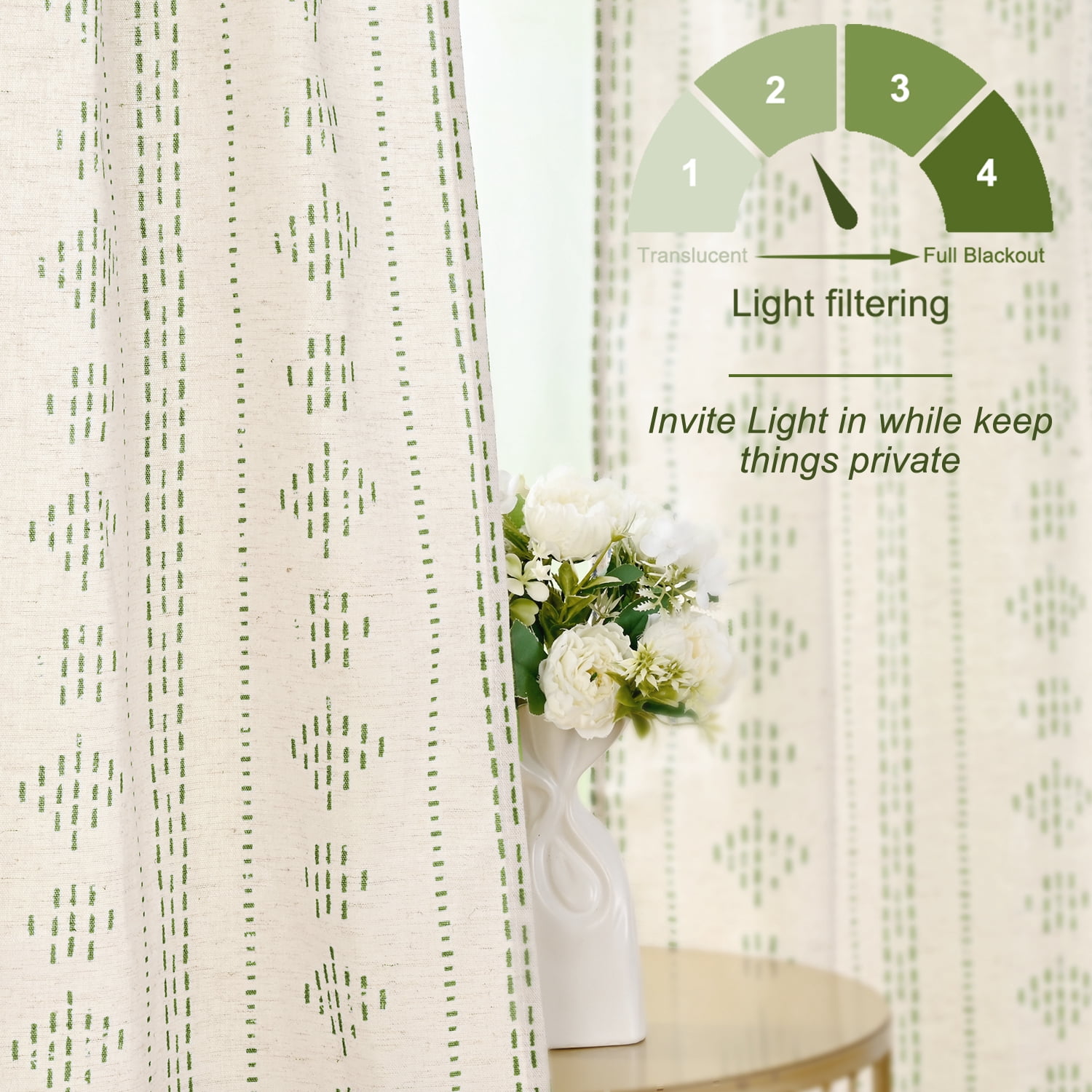 Alishomtll Boho Farmhouse Curtains Linen Light Filtering Sage Green Geometric Striped Window Drapes ,52"x63", 2 Panels