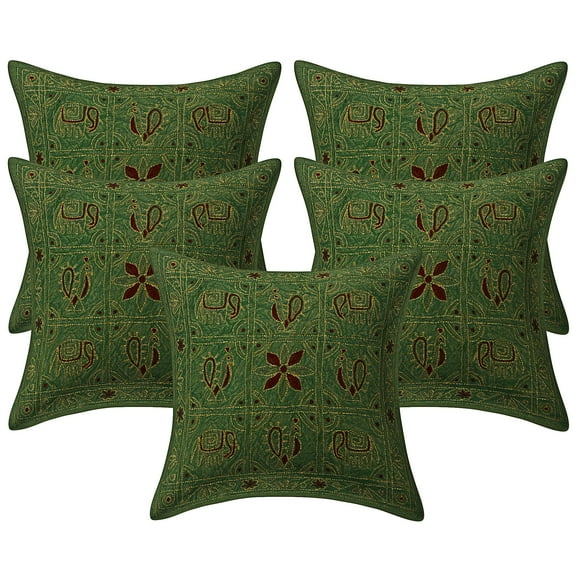 Stylo Culture Indian Chair Seat Throw Pillow Covers 16 x 16 Ari Embroidered Green Traditional 40 x 40 cm Bedroom Cotton Elephant Square Cushion Covers | Set Of 5