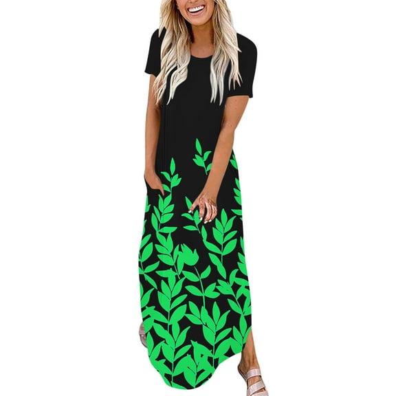 Women's Summer Short Sleeve T-Shirt Dress Loose Maxi Dress Casual Long Dresses with Pockets 2025 Green L